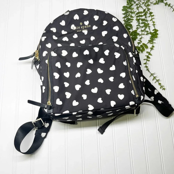Kate Spade Black & White Heart Print Nylon Backpack Purse with Adjustable Straps - Picture 1 of 10